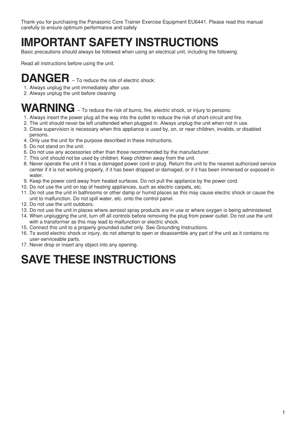English, Important safety instructions, Danger | Warning, Save these instructions | Panasonic EU6441 User Manual | Page 3 / 37