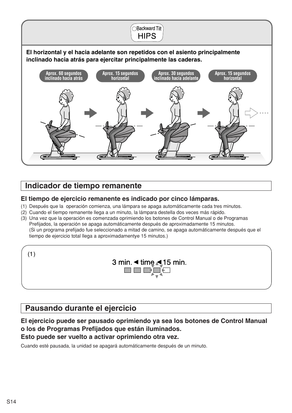 Indicador de tiempo remanente, Pausando durante el ejercicio | Panasonic EU6441 User Manual | Page 33 / 37