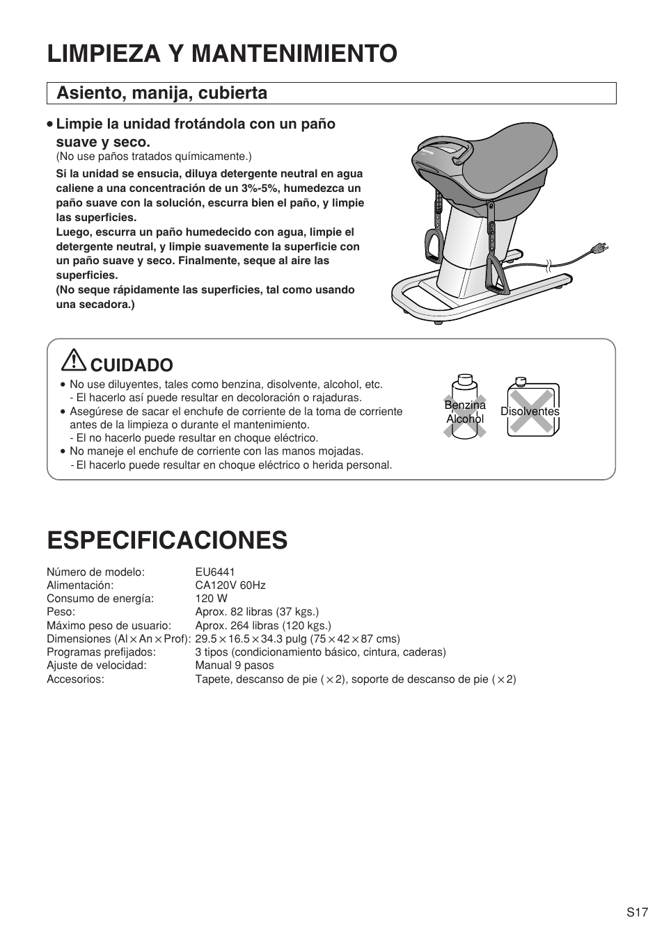 Limpieza y mantenimiento, Especificaciones, Asiento, manija, cubierta cuidado | Panasonic EU6441 User Manual | Page 36 / 37