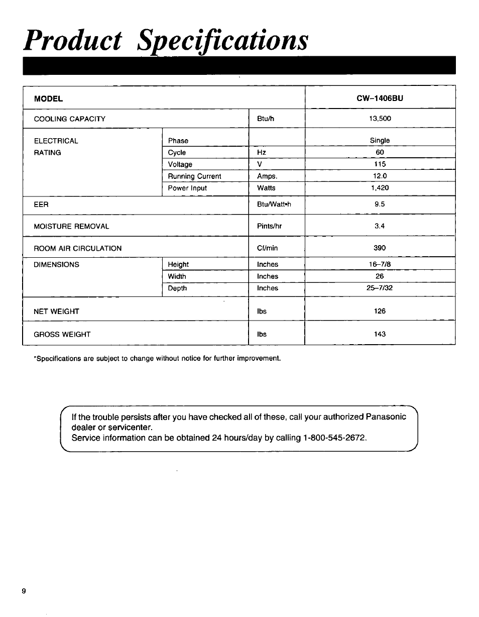 Product specifications | Panasonic CW-1406BU User Manual | Page 10 / 20