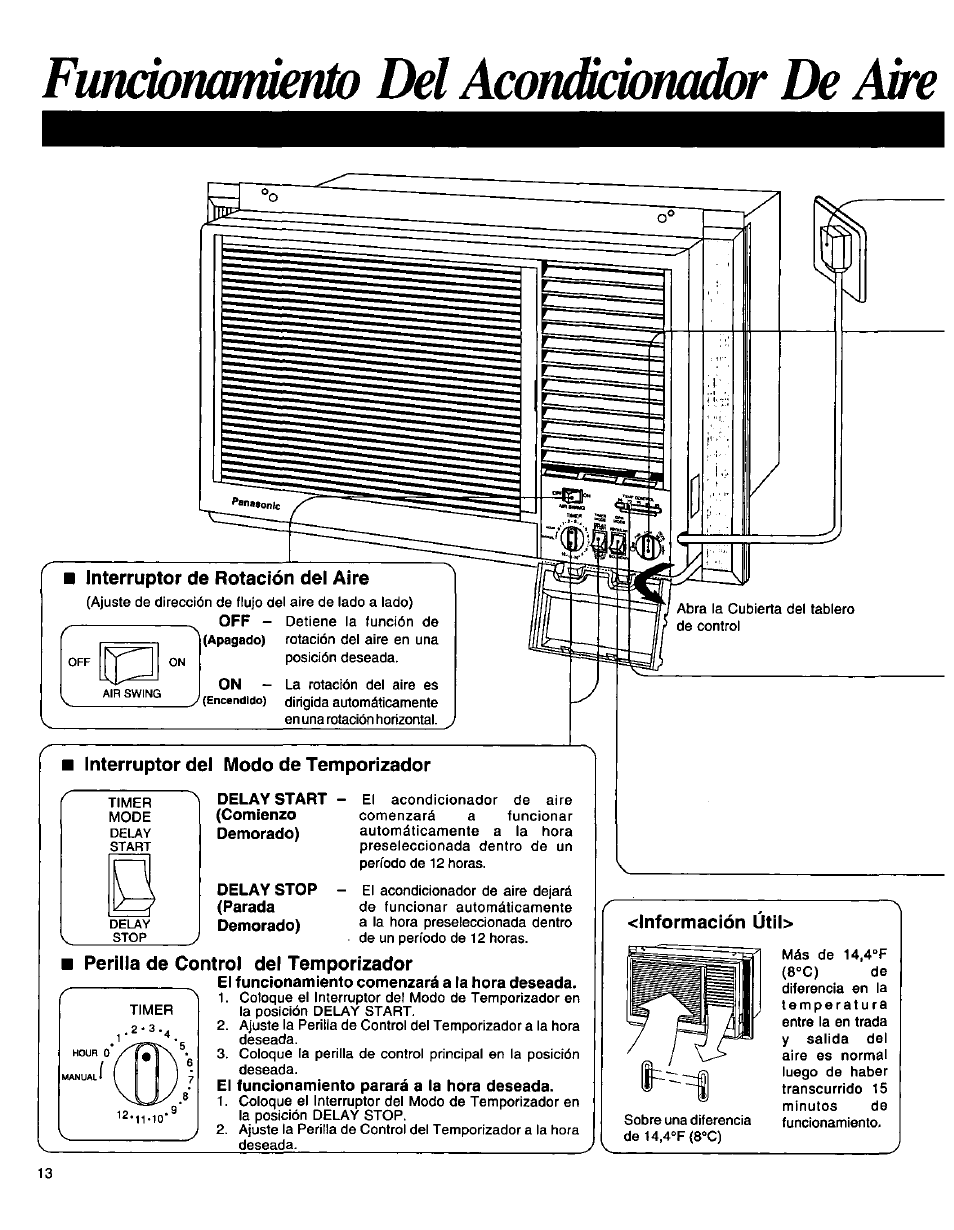 Funcionamiento del acondicionador de aire, Interruptor de rotación del aire, Perilla de control del temporizador | Lnformación util | Panasonic CW-1406BU User Manual | Page 14 / 20