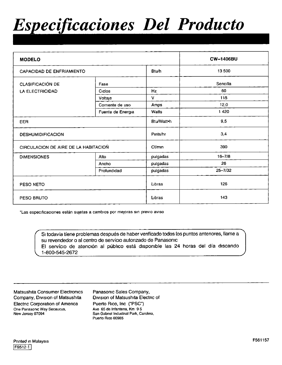 Esvecifícaciones del producto | Panasonic CW-1406BU User Manual | Page 20 / 20