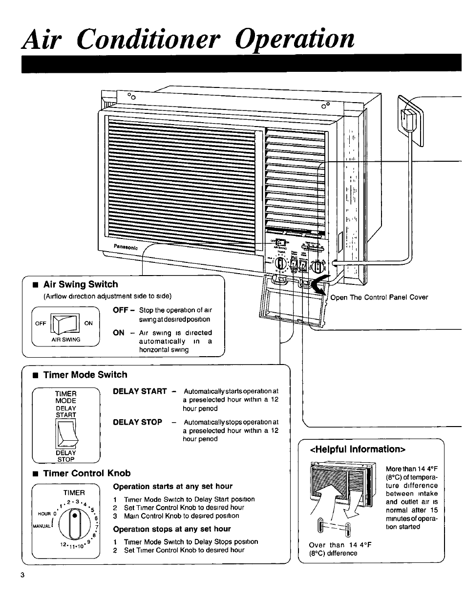 Air conditioner operation | Panasonic CW-1406BU User Manual | Page 4 / 20