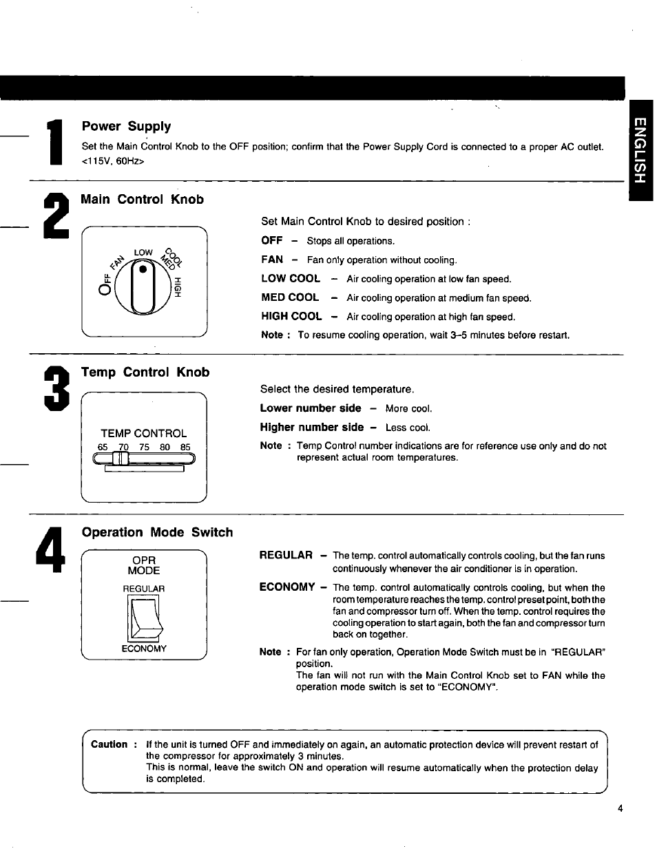 Power supply, Main control knob, Set main control knob to desired position | Temp control knob, Select the desired temperature, Operation mode switch | Panasonic CW-1406BU User Manual | Page 5 / 20