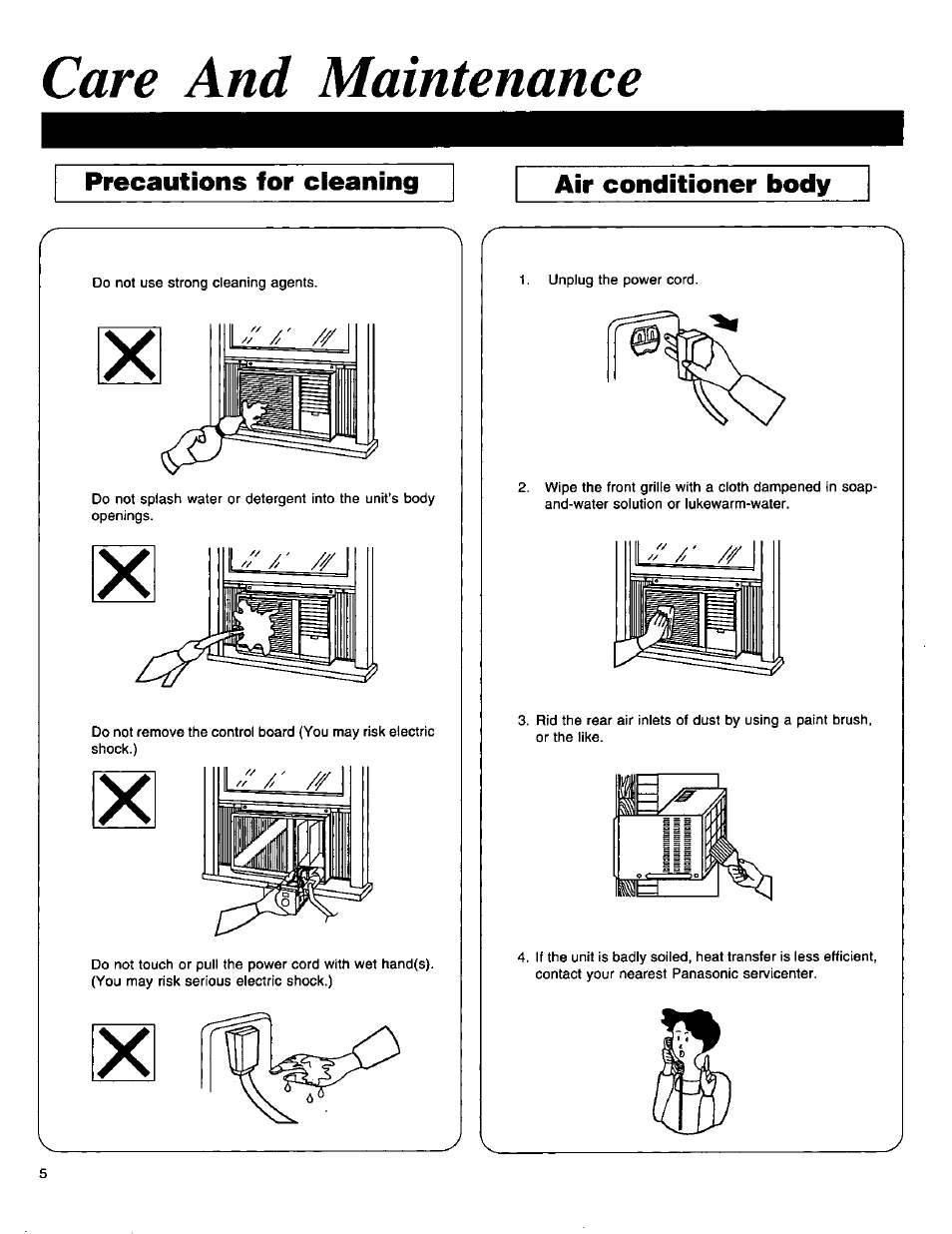 Care and maintenance, Precautions for cleaning air conditioner body | Panasonic CW-1406BU User Manual | Page 6 / 20