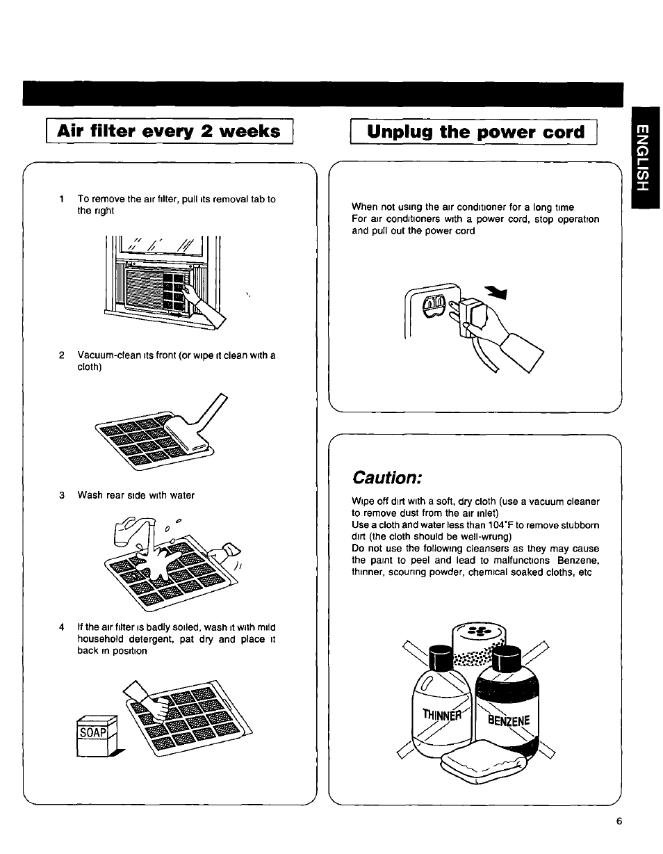 Air filter every 2 weeks unplug the power cord, Caution | Panasonic CW-1406BU User Manual | Page 7 / 20