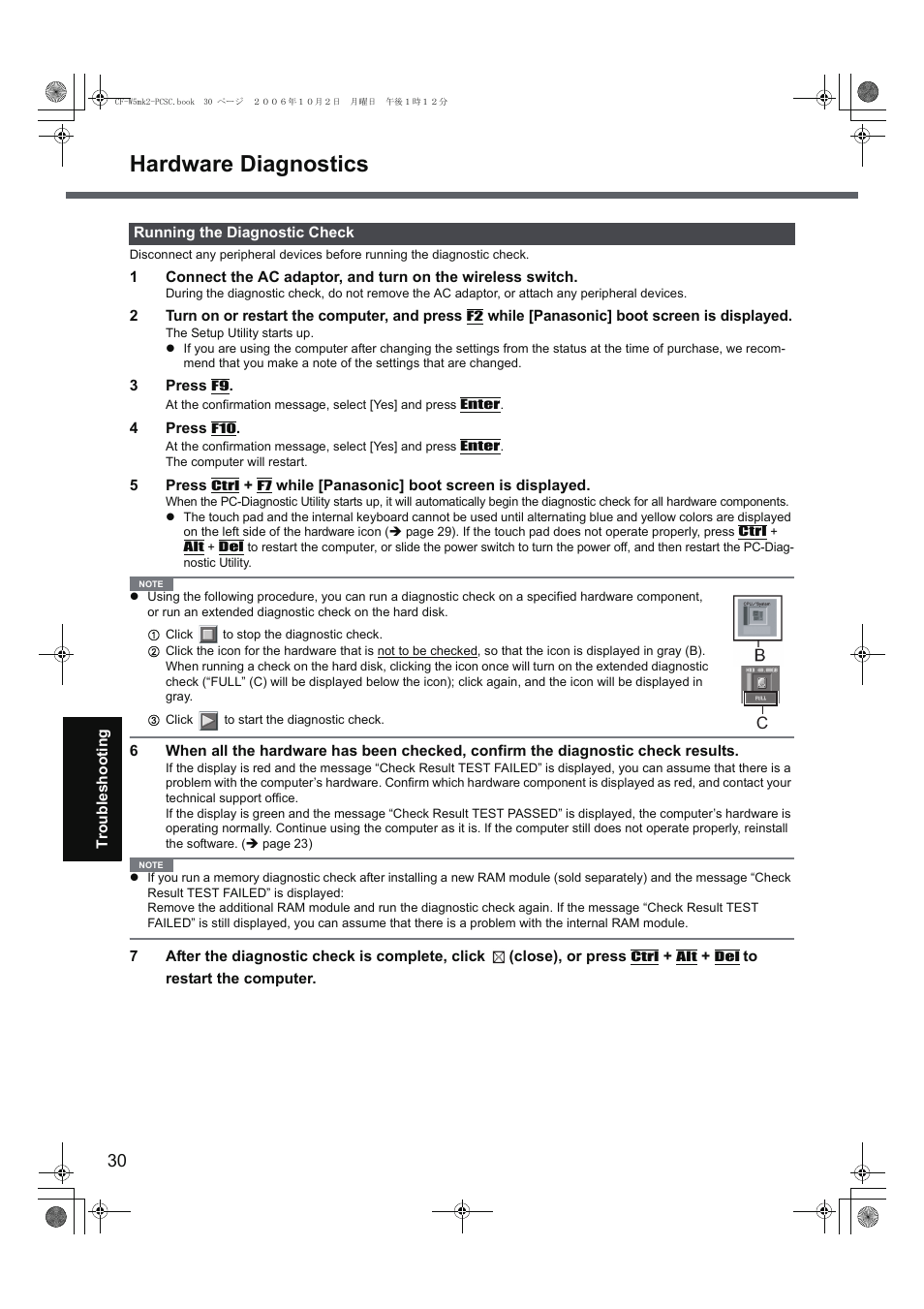 Hardware diagnostics | Panasonic CF-W5 User Manual | Page 30 / 36