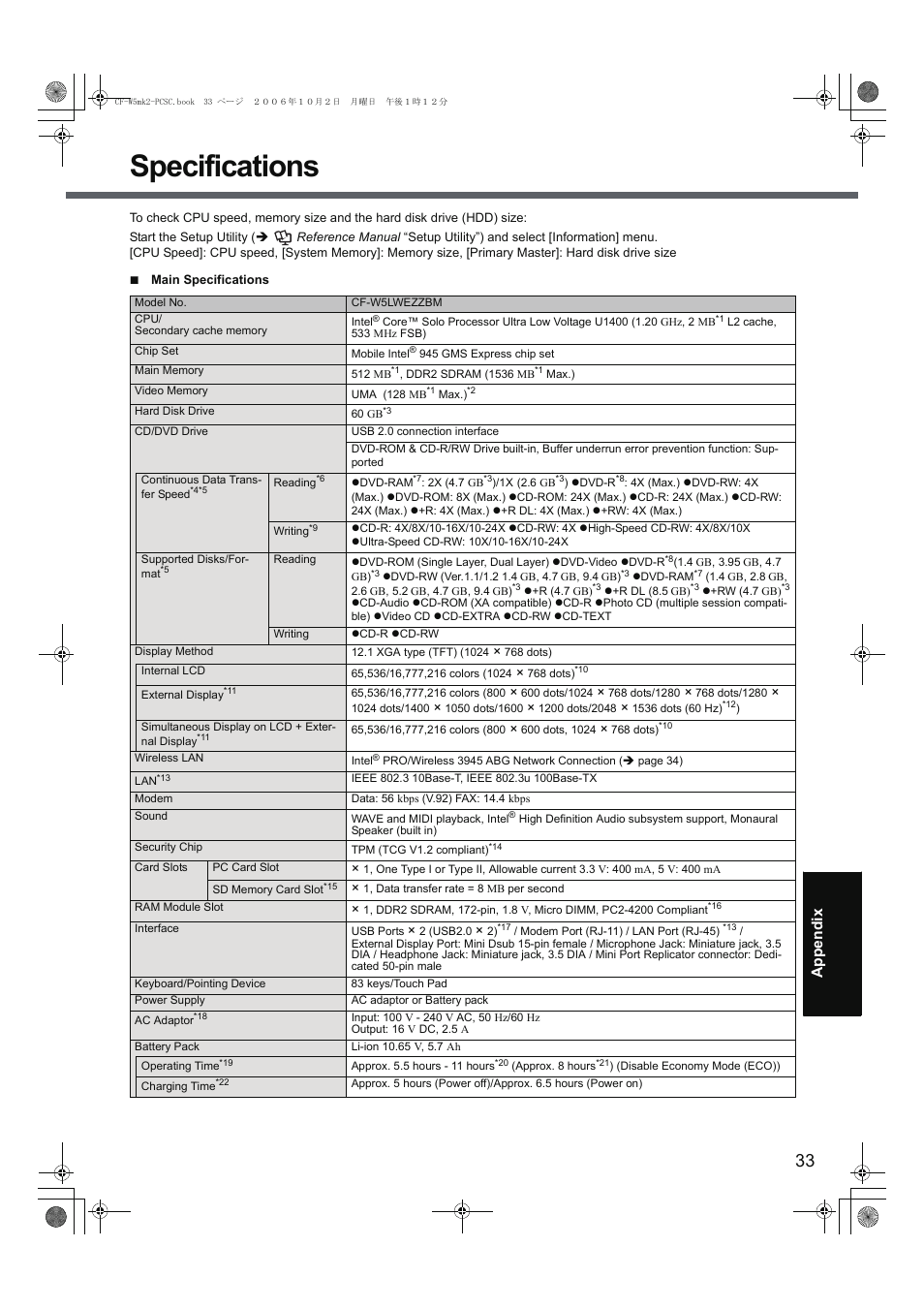 Specifications | Panasonic CF-W5 User Manual | Page 33 / 36