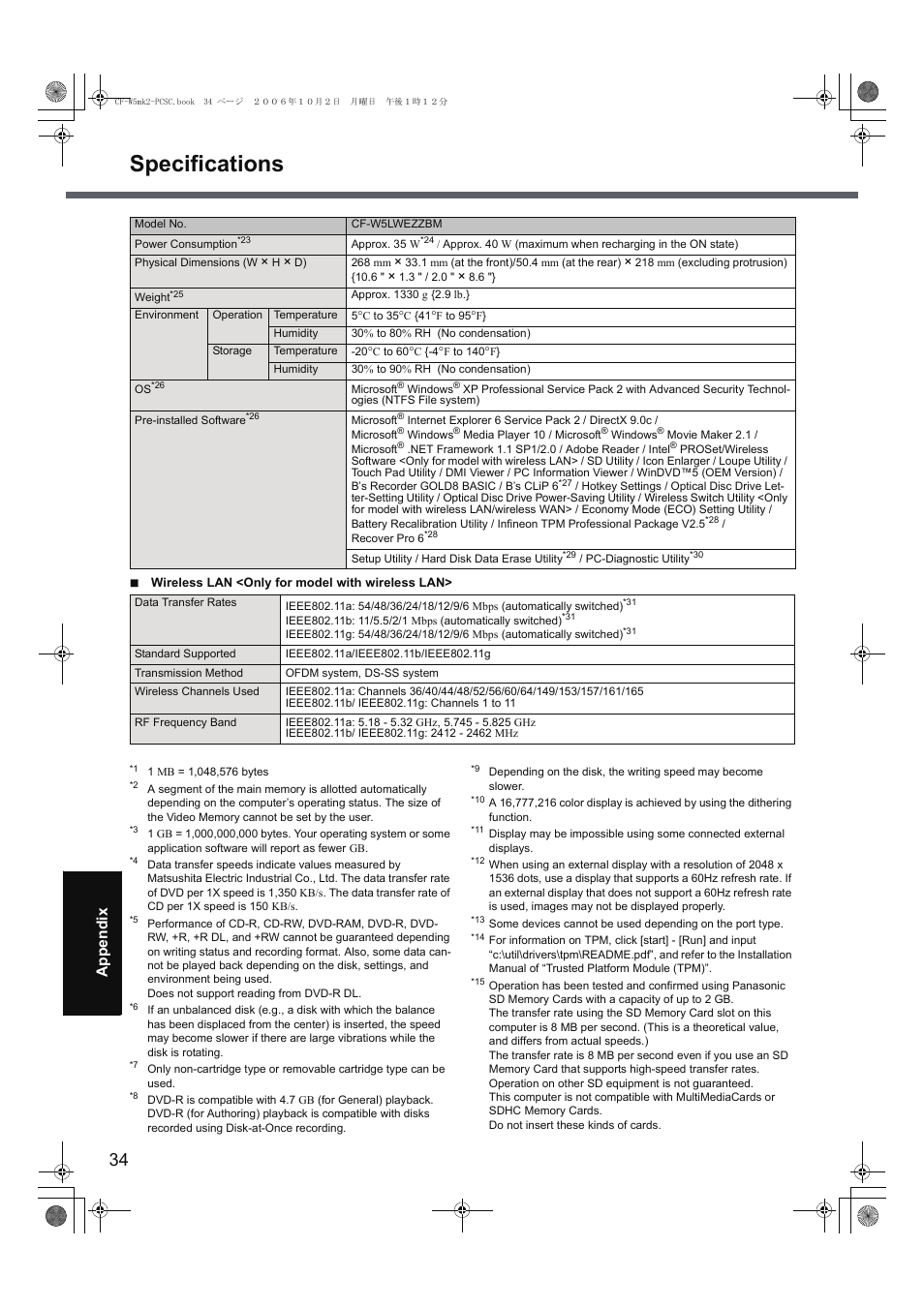 Specifications | Panasonic CF-W5 User Manual | Page 34 / 36