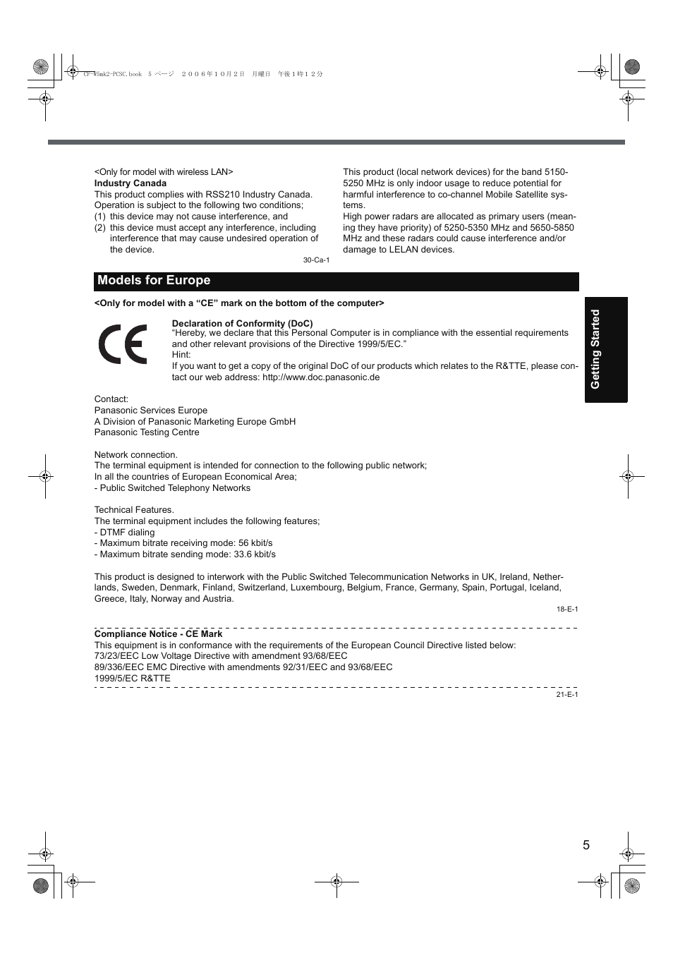 Models for europe | Panasonic CF-W5 User Manual | Page 5 / 36