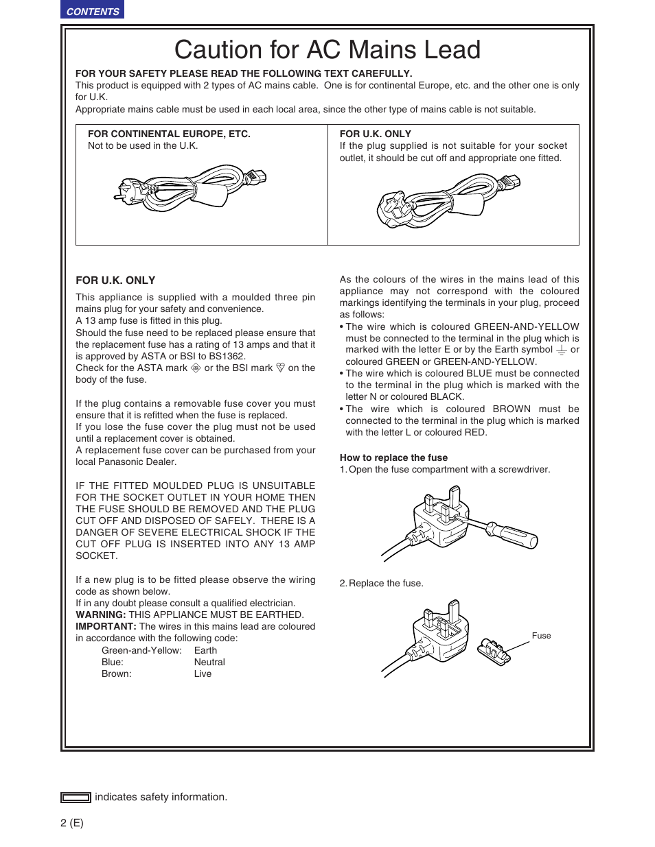 Caution for ac mains lead | Panasonic AJ-SD930BE User Manual | Page 2 / 81