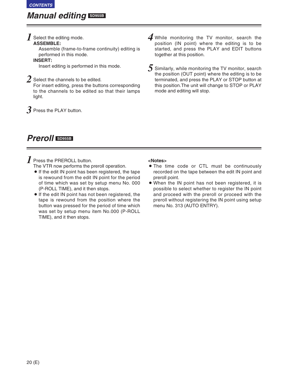 Manual editing sd955b, Preroll sd955b, Manual editing | Preroll, Sd955b | Panasonic AJ-SD930BE User Manual | Page 20 / 81