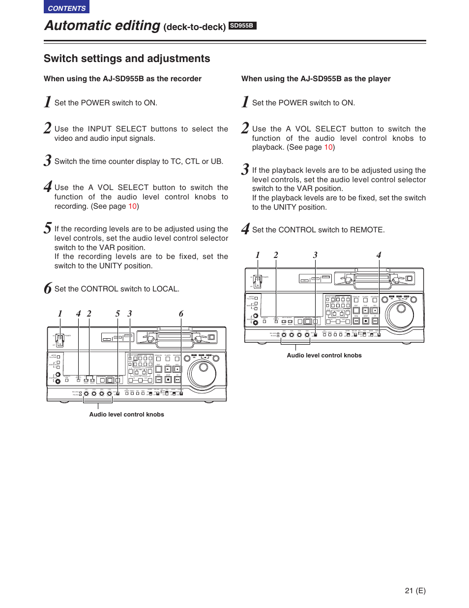 Automatic editing (deck-to-deck) sd955b, Switch settings and adjustments, Automatic editing (deck-to-deck) | Sd955b, Automatic editing, Deck-to-deck), 21 (e), Set the power switch to on, Switch the time counter display to tc, ctl or ub, Set the control switch to local | Panasonic AJ-SD930BE User Manual | Page 21 / 81