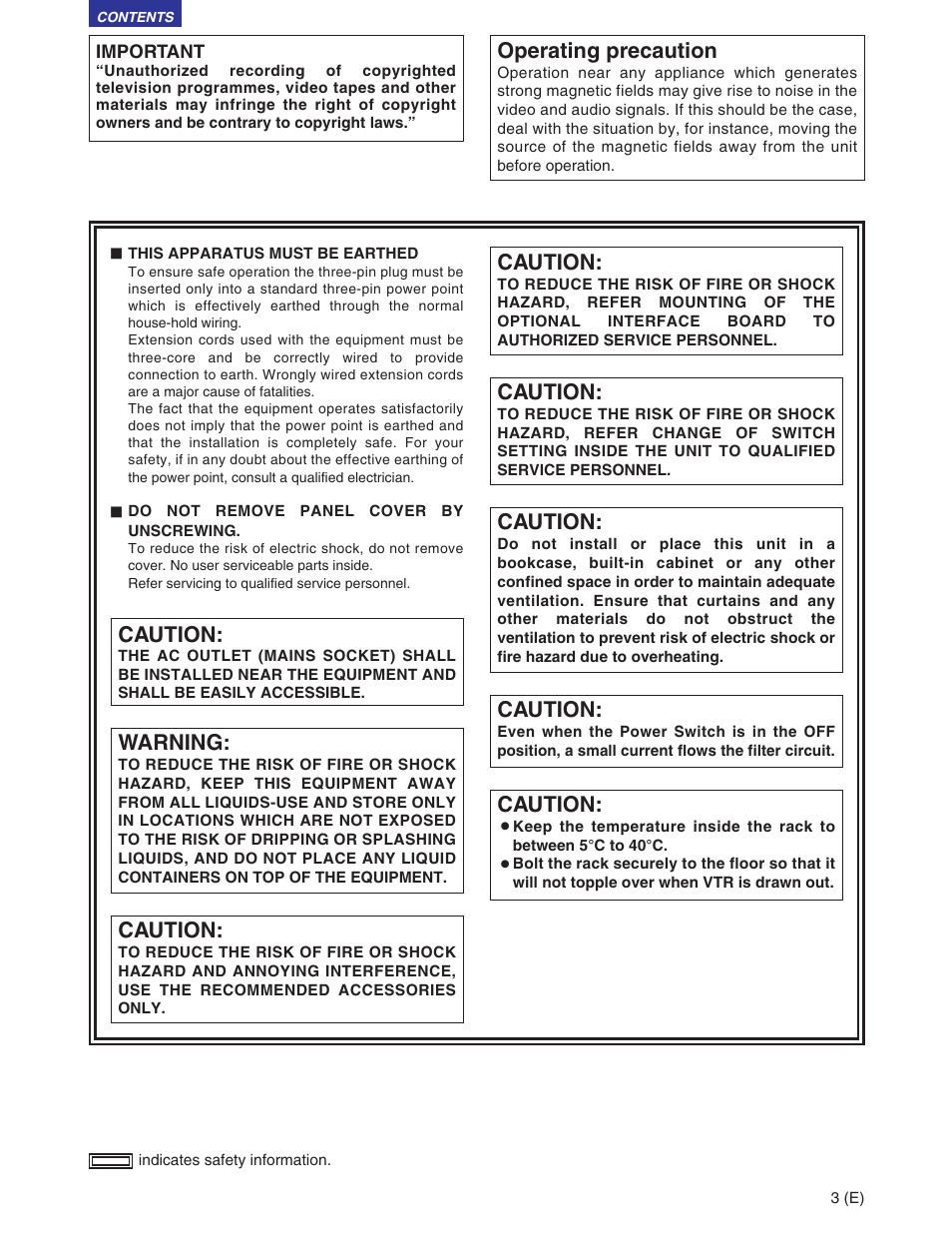 Operating precaution, Warning, Caution | Panasonic AJ-SD930BE User Manual | Page 3 / 81