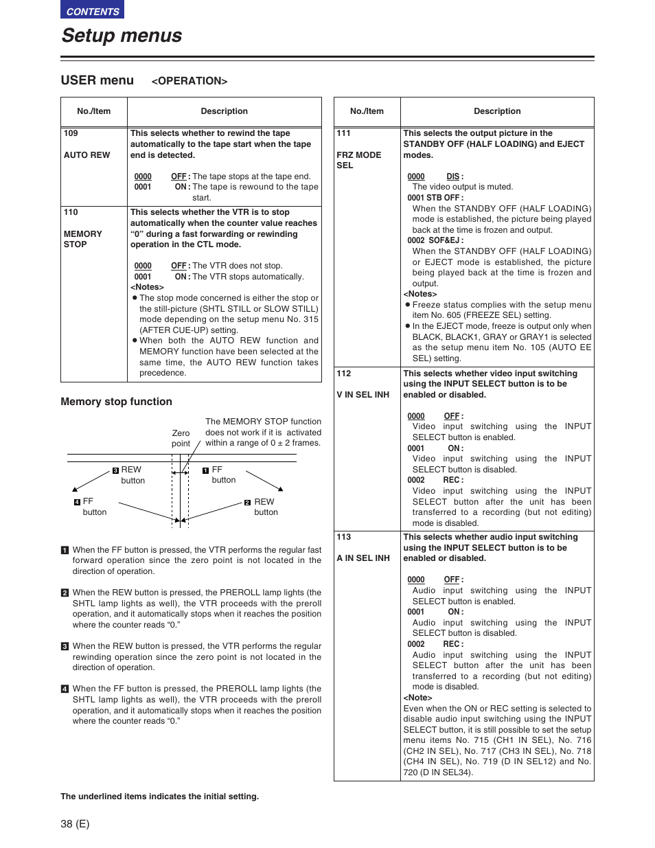 Setup menus, User menu | Panasonic AJ-SD930BE User Manual | Page 38 / 81