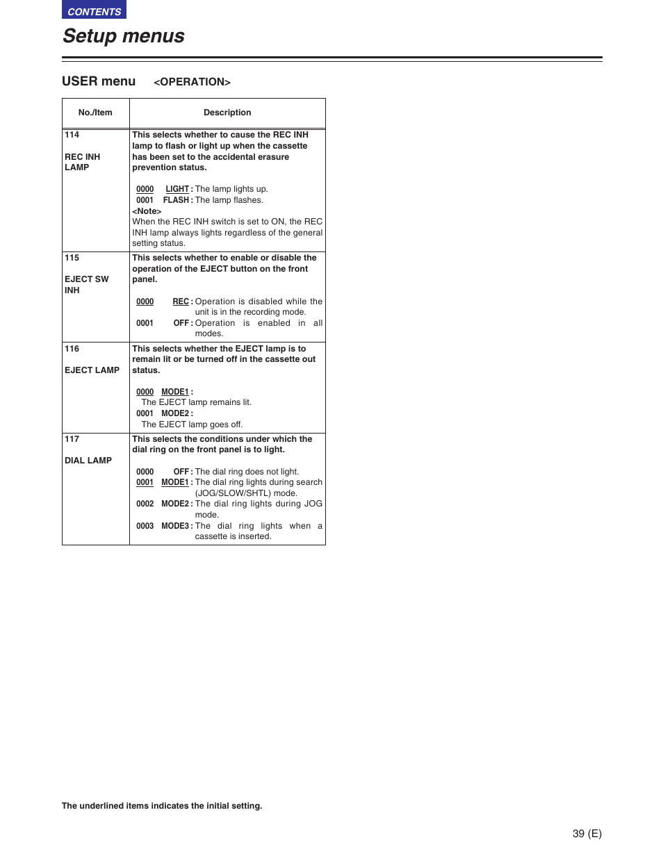 Setup menus, User menu | Panasonic AJ-SD930BE User Manual | Page 39 / 81