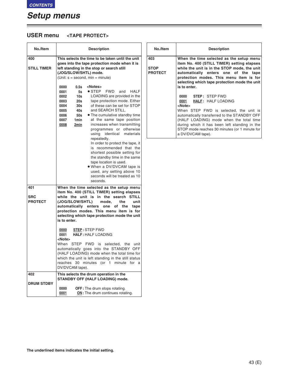 Tape protect, Setup menus, User menu | Panasonic AJ-SD930BE User Manual | Page 43 / 81