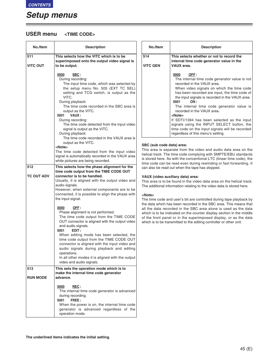 Setup menus, User menu | Panasonic AJ-SD930BE User Manual | Page 45 / 81