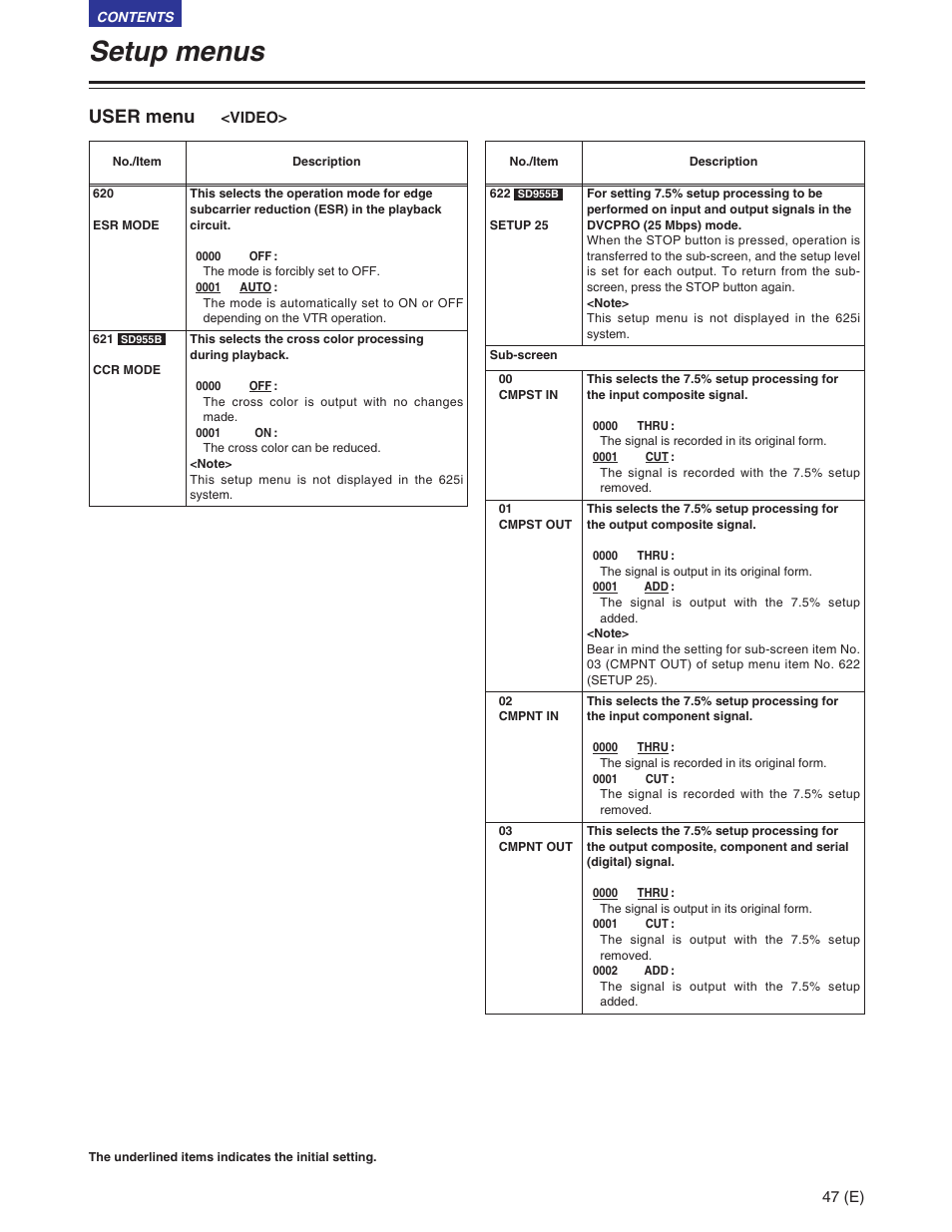 Setup menus, User menu | Panasonic AJ-SD930BE User Manual | Page 47 / 81