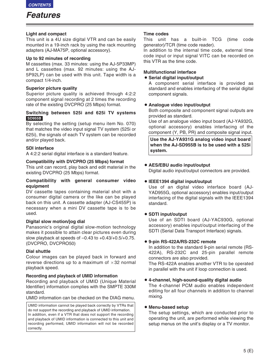 Features | Panasonic AJ-SD930BE User Manual | Page 5 / 81