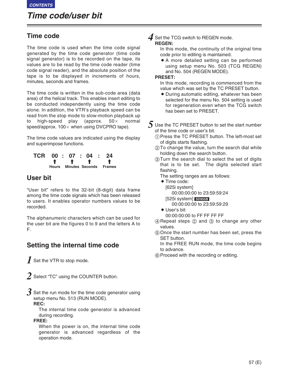 Time code/user bit, Time code/user’s bit, Time code | User bit, Setting the internal time code | Panasonic AJ-SD930BE User Manual | Page 57 / 81