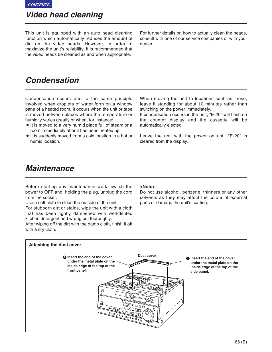 Video head cleaning, Condensation, Maintenance | Panasonic AJ-SD930BE User Manual | Page 65 / 81