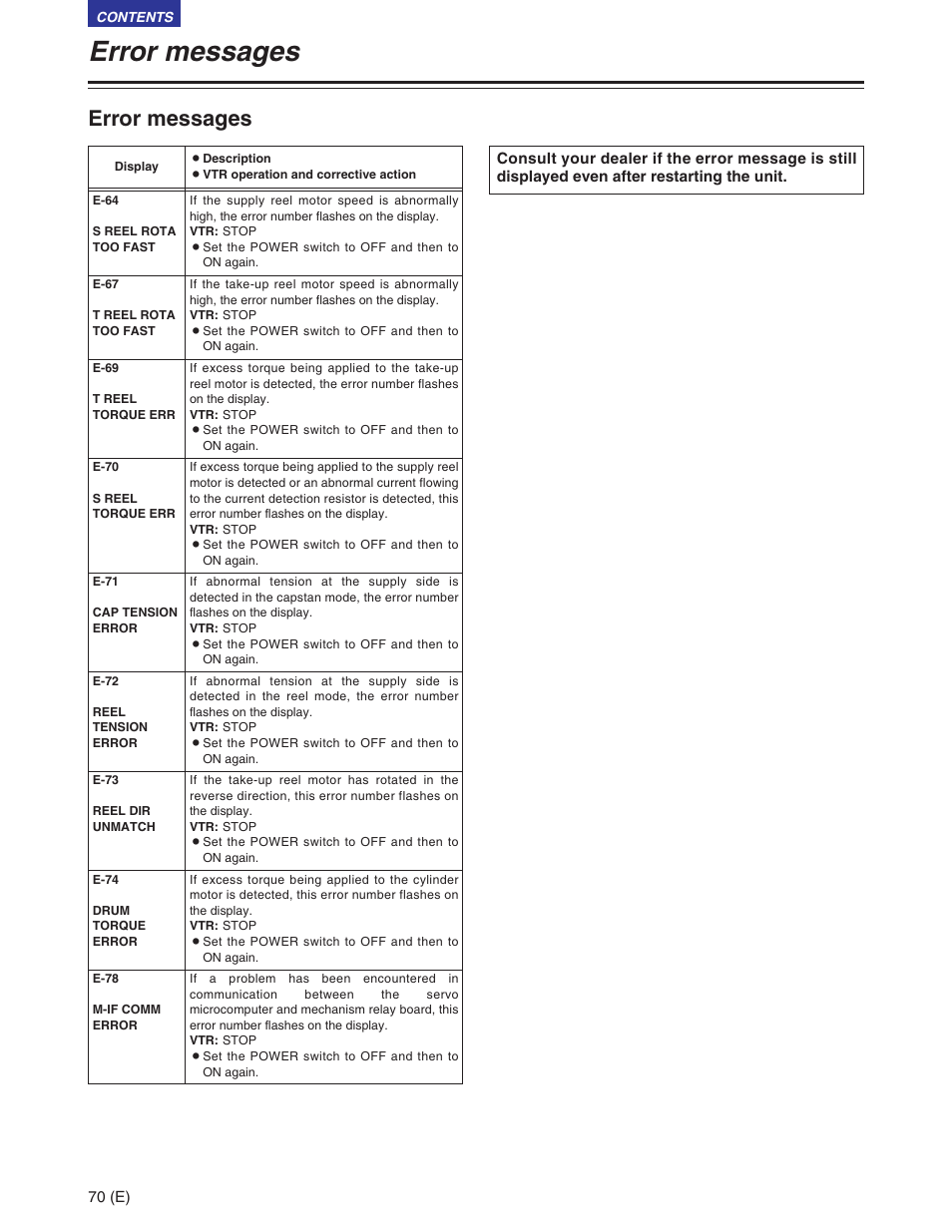 Error messages | Panasonic AJ-SD930BE User Manual | Page 70 / 81