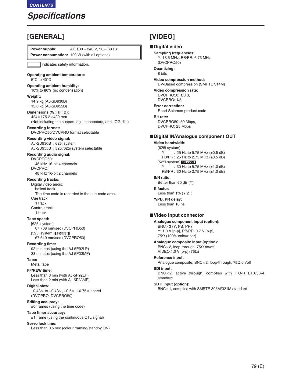 Specifications, General, Video | Panasonic AJ-SD930BE User Manual | Page 79 / 81