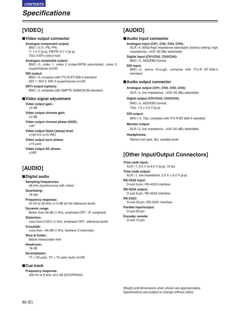Specifications, Video, Audio | Other input/output connectors | Panasonic AJ-SD930BE User Manual | Page 80 / 81