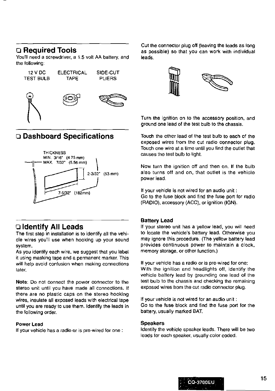 Required tools, Dashboard specifications, Identify all leads | Panasonic CQ3700EU User Manual | Page 15 / 28