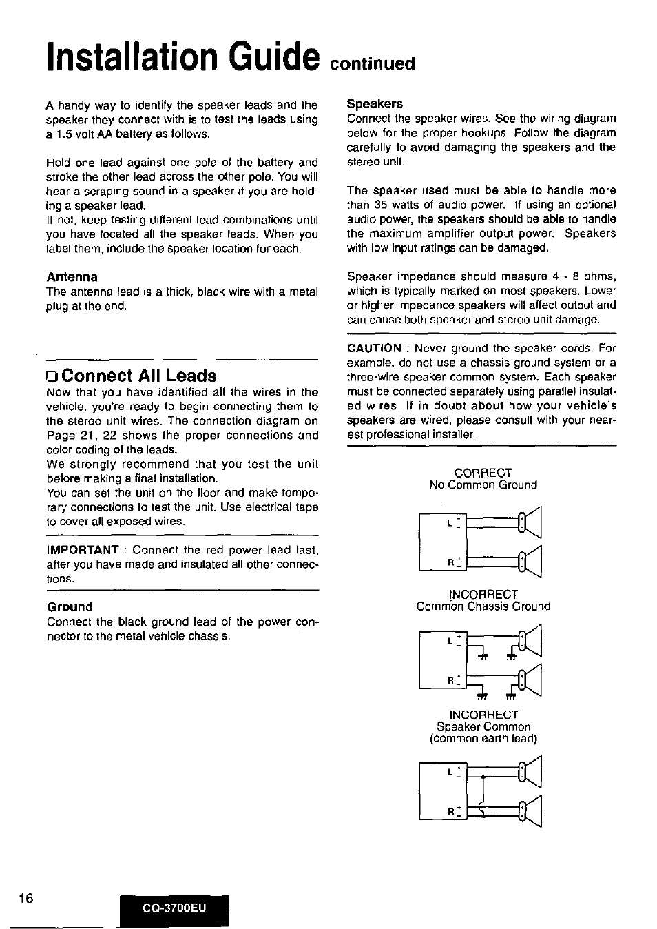 Connect all leads, Installation guide, Continued | Panasonic CQ3700EU User Manual | Page 16 / 28