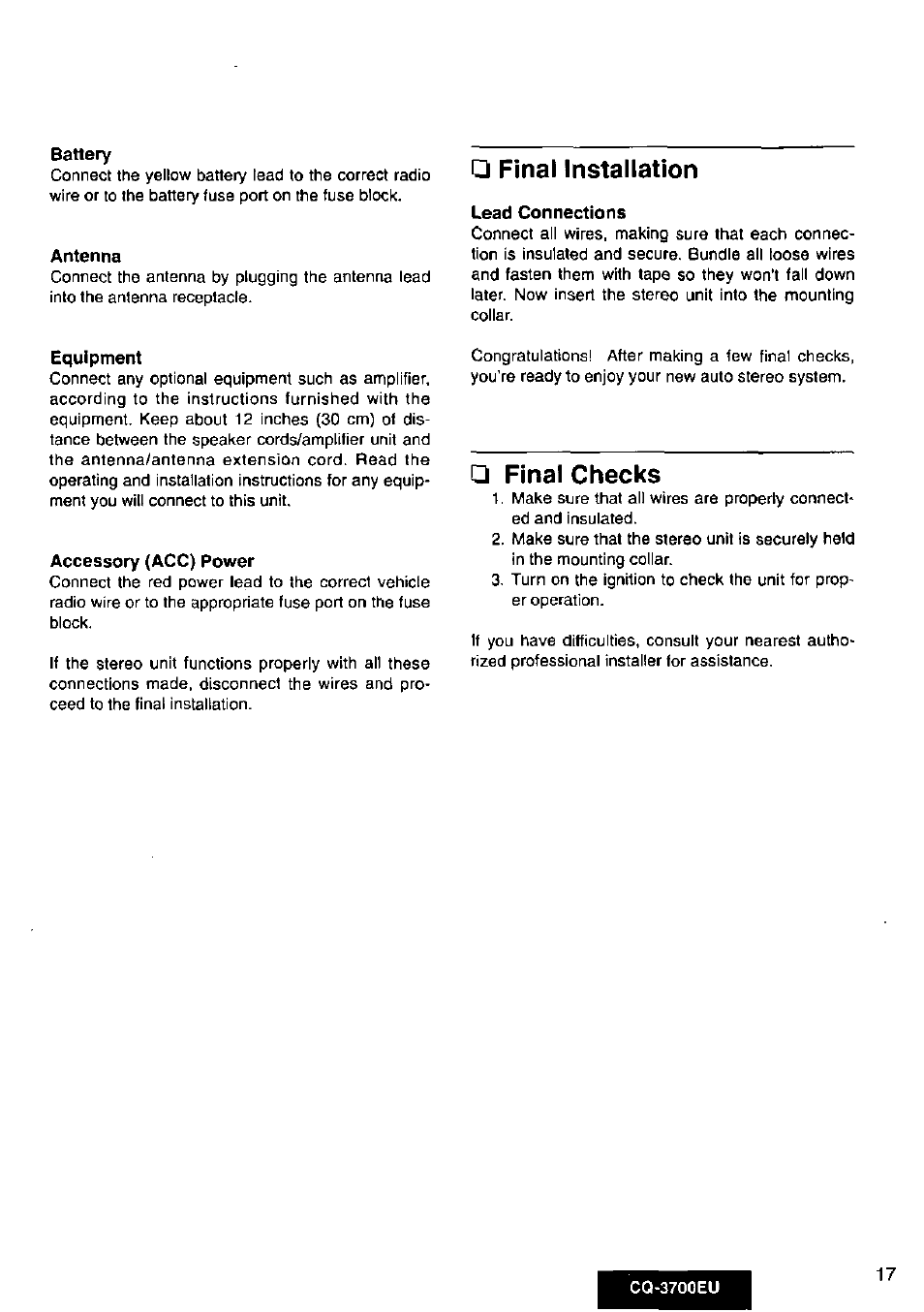 Final installation, Final checks | Panasonic CQ3700EU User Manual | Page 17 / 28