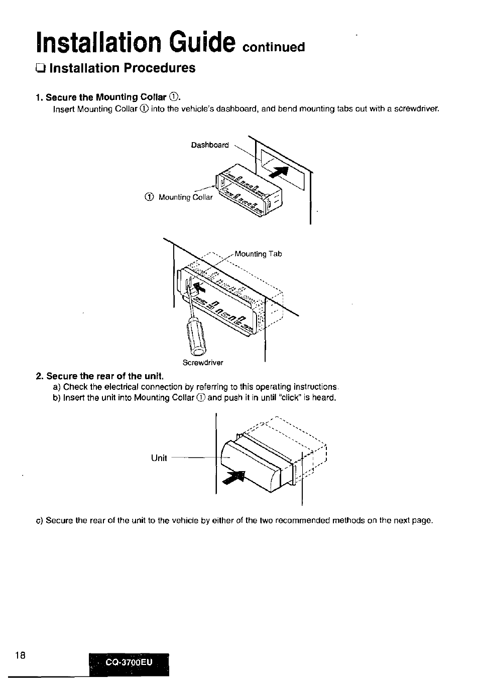 Installation guide continued, Installation procedures, Installation guide | Panasonic CQ3700EU User Manual | Page 18 / 28