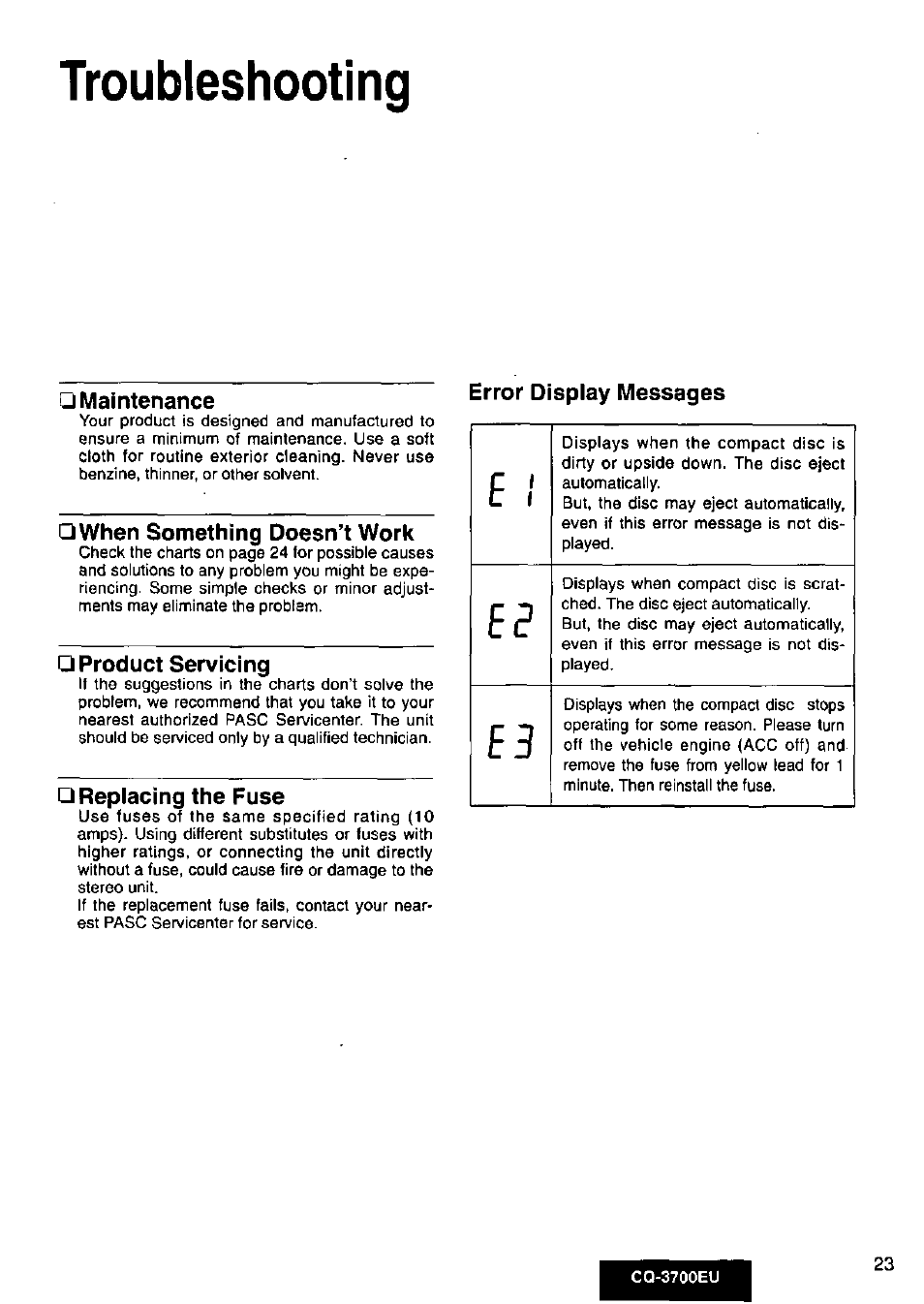 Troubleshooting, Maintenance, When something doesn’t work | Product servicing, Replacing the fuse, Error display messages | Panasonic CQ3700EU User Manual | Page 23 / 28