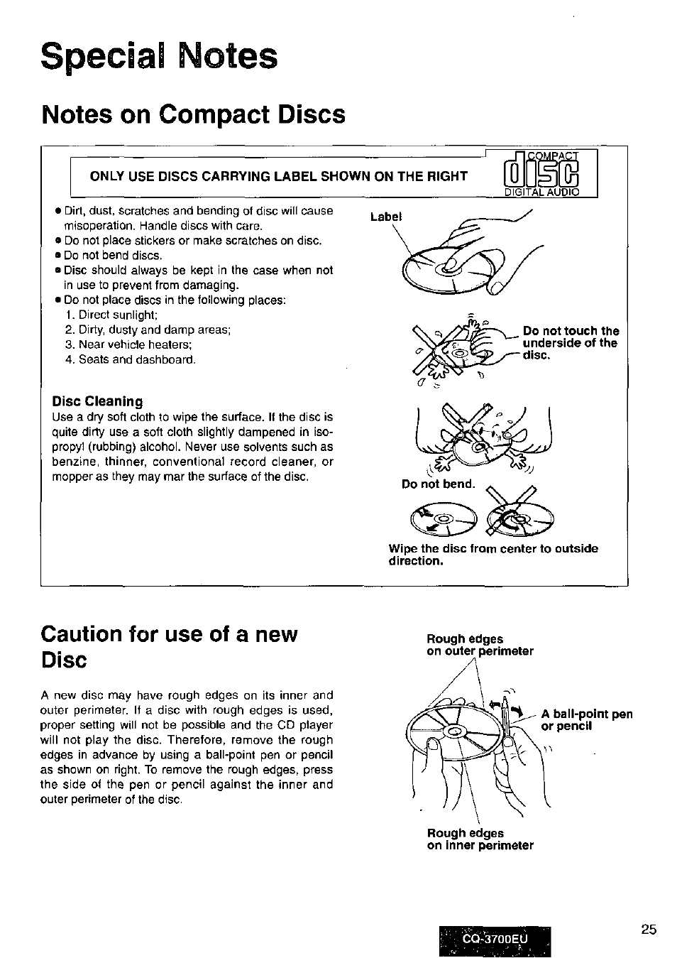 Notes on compact discs, Caution for use of a new disc | Panasonic CQ3700EU User Manual | Page 25 / 28