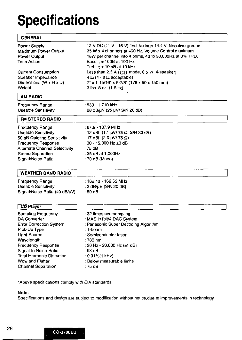 Specifications | Panasonic CQ3700EU User Manual | Page 26 / 28