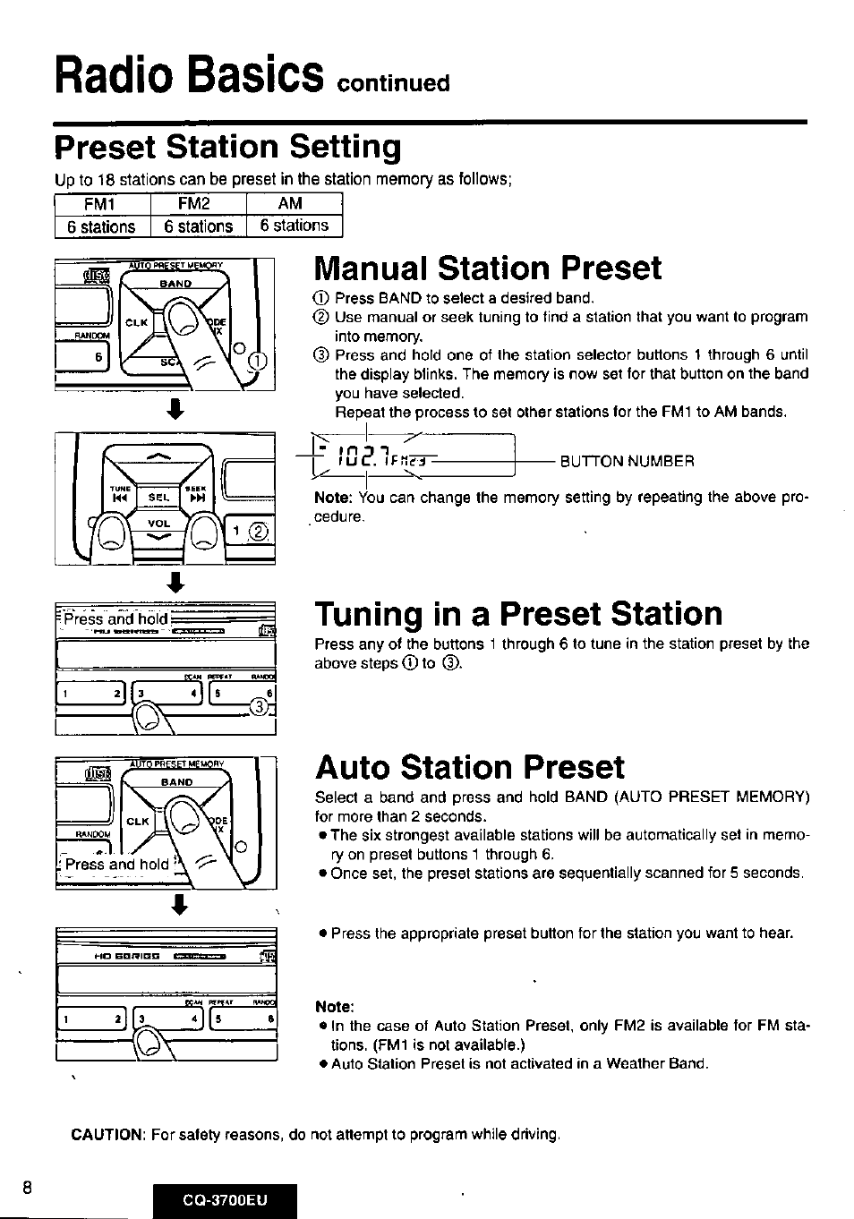 Radio basics, Manual station preset, Tuning in a preset station | Auto station preset, T n p, Preset station setting | Panasonic CQ3700EU User Manual | Page 8 / 28