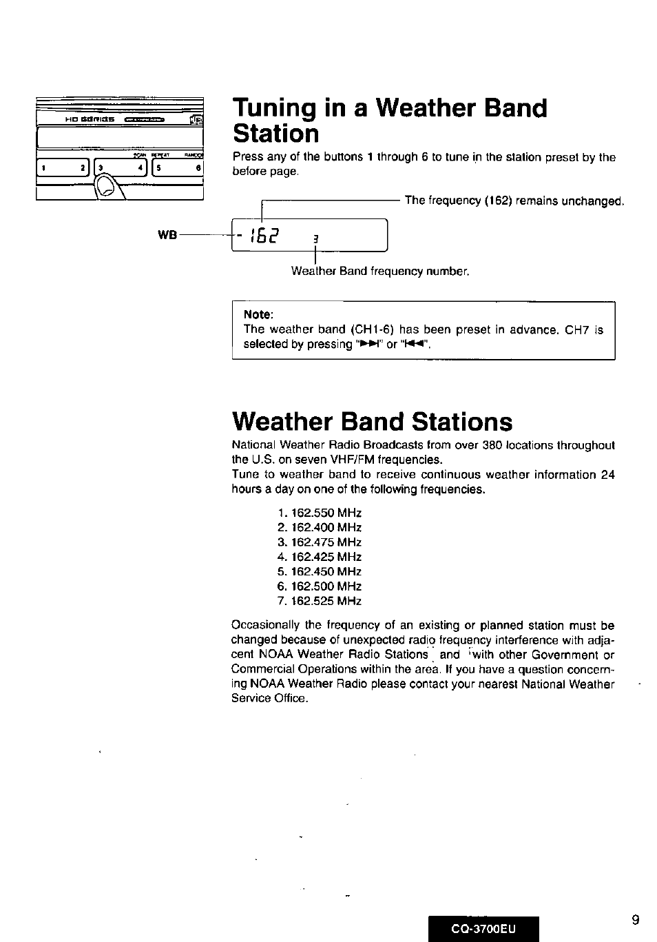 Tuning in a weather band station, Weather band stations | Panasonic CQ3700EU User Manual | Page 9 / 28