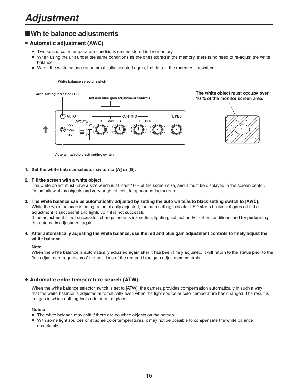 White balance adjustments, Adjustment | Panasonic AW-RC600P User Manual | Page 16 / 24