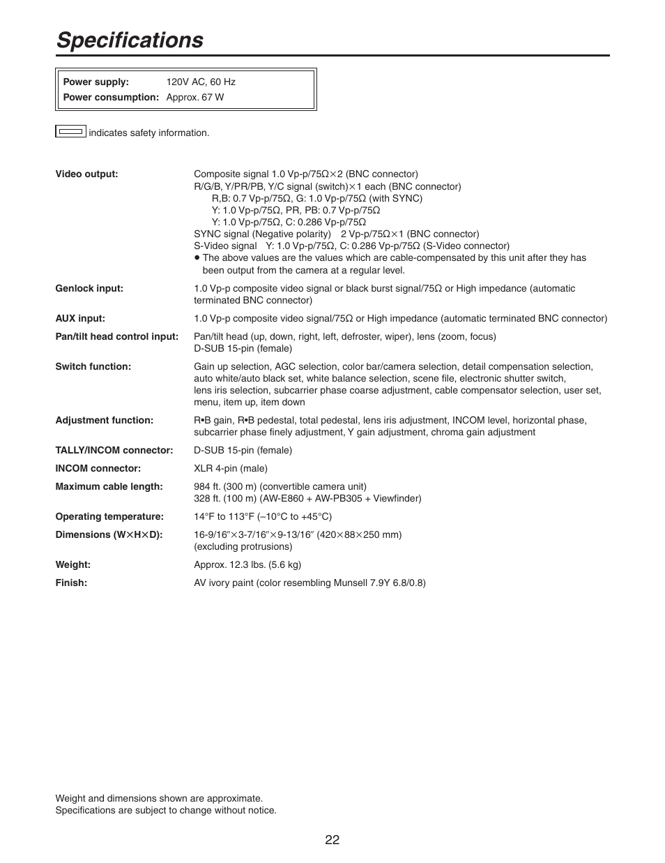 Specifications | Panasonic AW-RC600P User Manual | Page 22 / 24