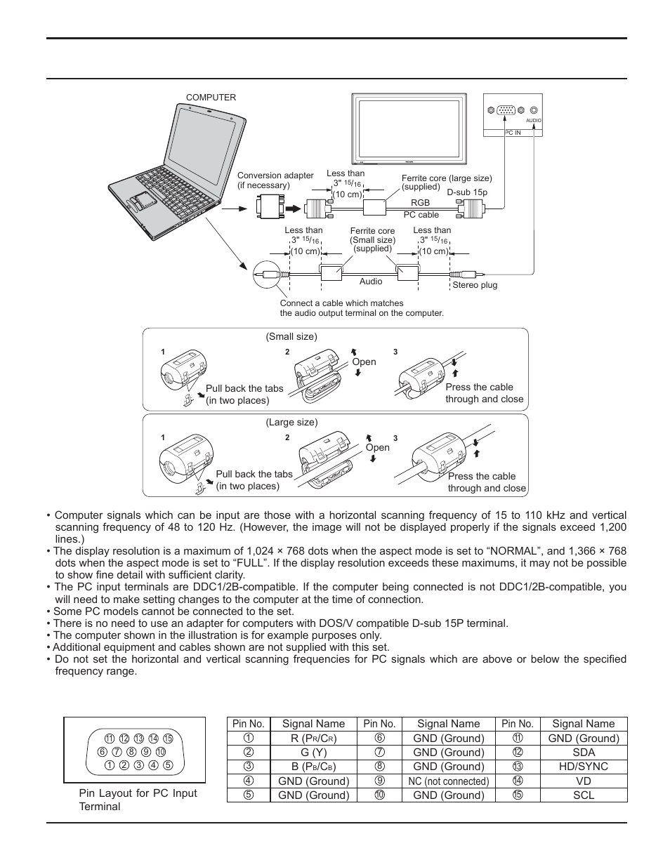 Pc input terminals connection, 10 connections | Panasonic TH-32LHD7 User Manual | Page 10 / 36