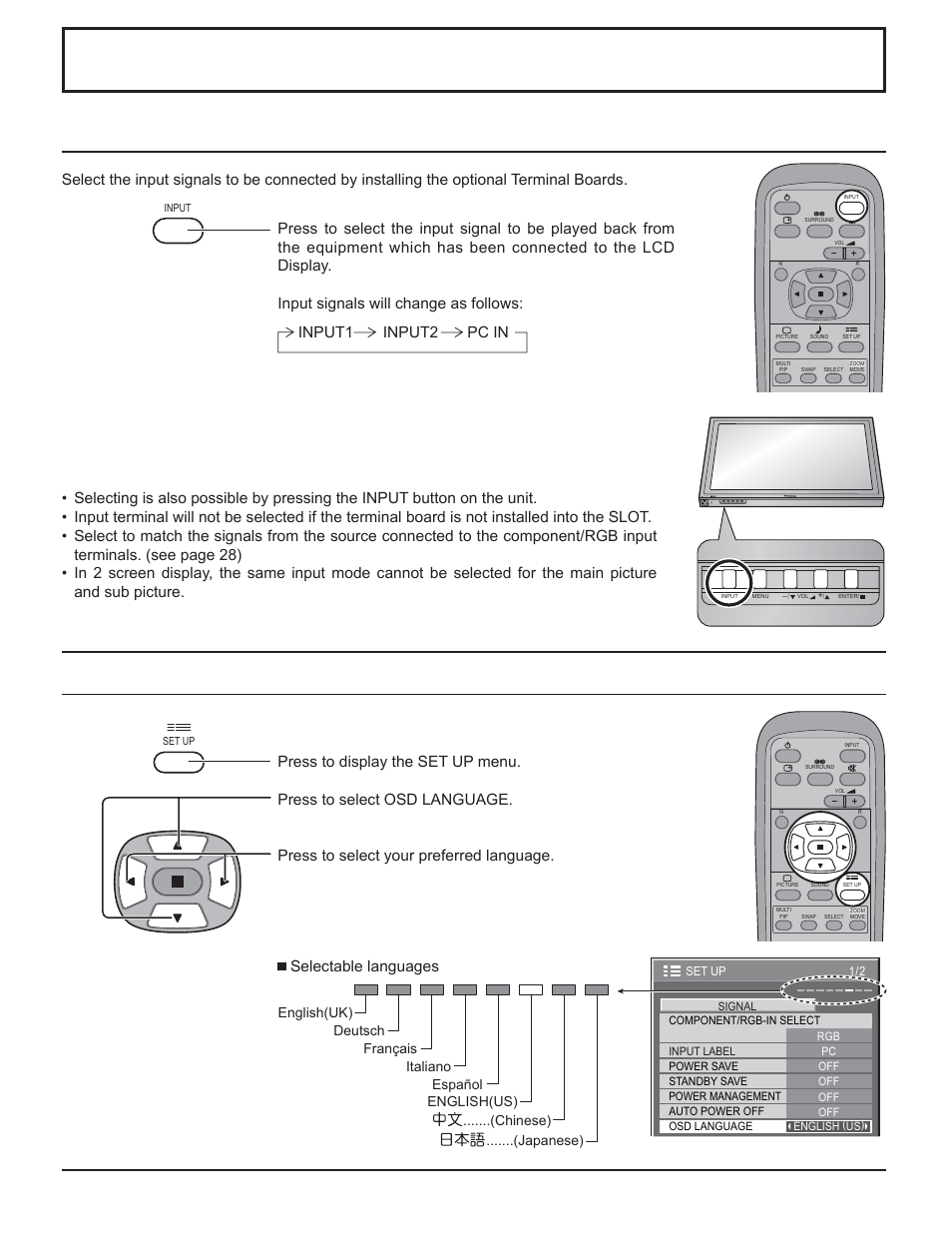 Initial selections, Selecting the input signal, Selecting the on-screen menu language | Panasonic TH-32LHD7 User Manual | Page 13 / 36