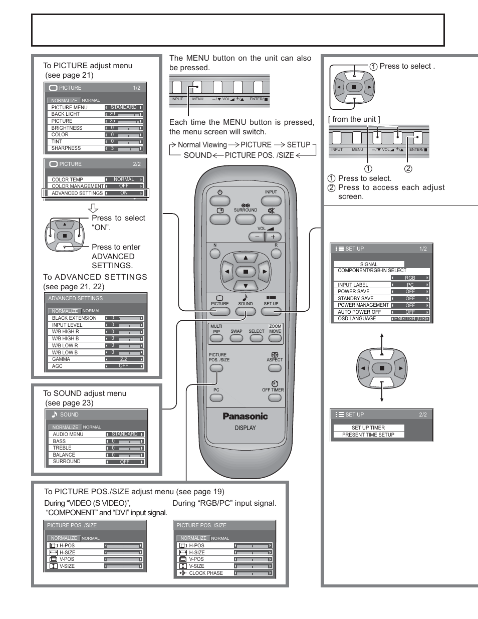 On-screen menu displays, Press to select, Press to access each adjust screen | Panasonic TH-32LHD7 User Manual | Page 16 / 36