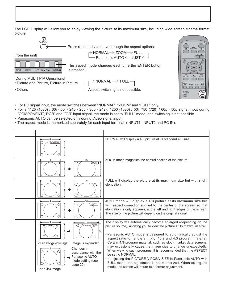 Aspect controls, Normal zoom full panasonic auto just normal full | Panasonic TH-32LHD7 User Manual | Page 18 / 36