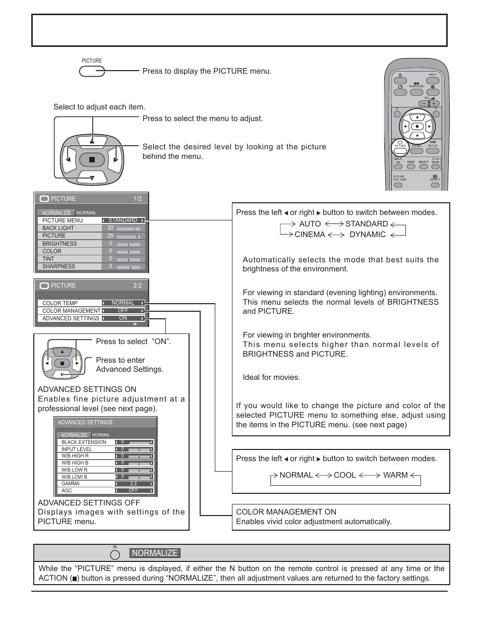 Picture adjustments, Helpful hint, Normalization) | Normalize | Panasonic TH-32LHD7 User Manual | Page 21 / 36