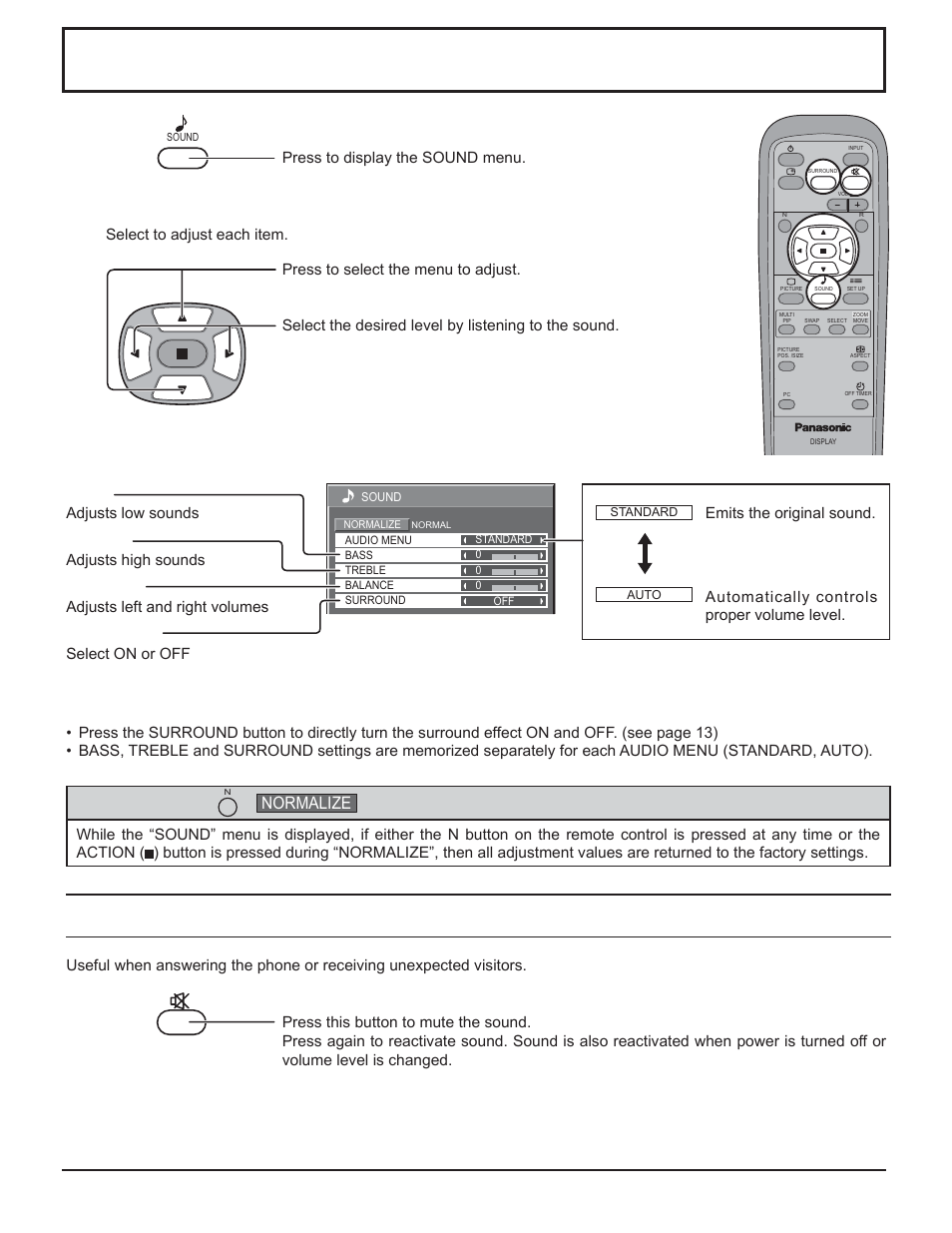 Sound adjustments, Mute, Sound adjustment | Helpful hint, Normalization), Normalize | Panasonic TH-32LHD7 User Manual | Page 23 / 36