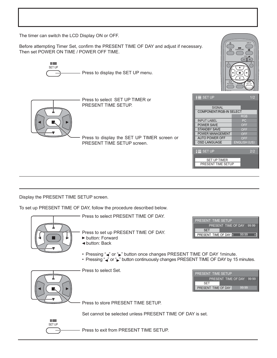 Present time setup / set up timer, Present time setup | Panasonic TH-32LHD7 User Manual | Page 25 / 36