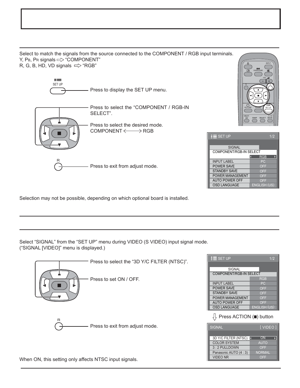Set up for input signals, Component / rgb in select, 3d y / c filter | 3d y/c filter, For ntsc av images | Panasonic TH-32LHD7 User Manual | Page 28 / 36