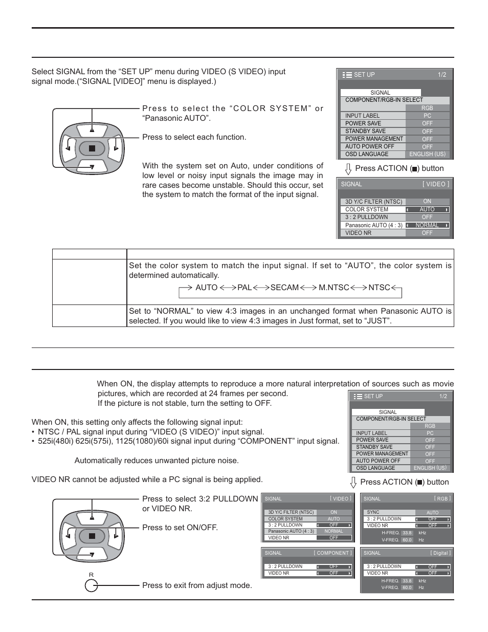 Color system / panasonic auto, 2 pulldown / video nr, Set up for input signals | Panasonic TH-32LHD7 User Manual | Page 29 / 36