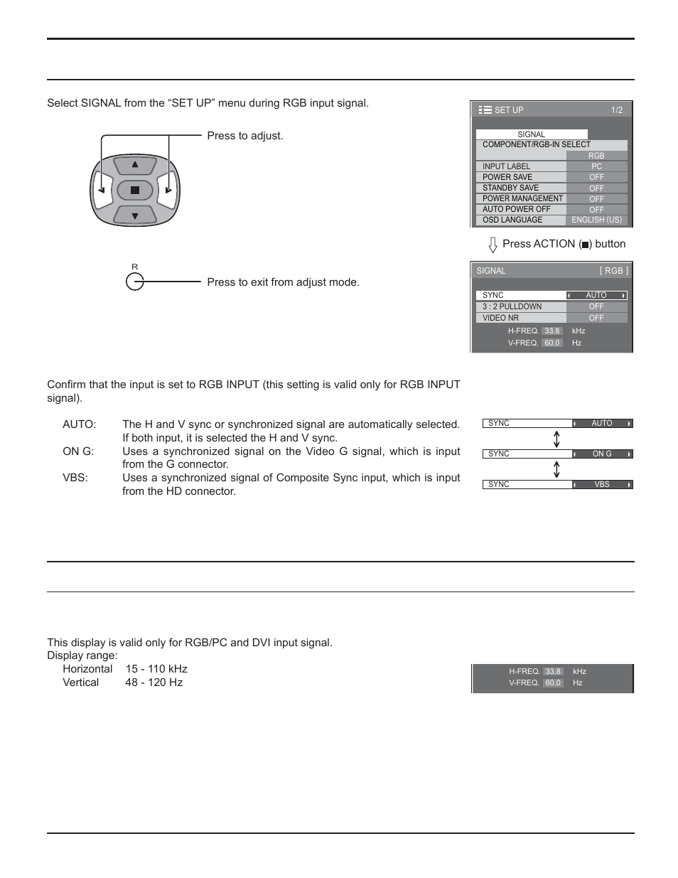 Sync, H-freq. (khz) / v-freq. (hz), 30 set up for input signals | Setting rgb sync signal | Panasonic TH-32LHD7 User Manual | Page 30 / 36